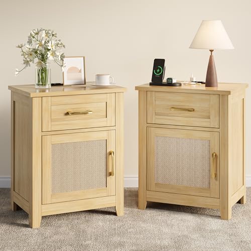 Decofy Set of 2 Rattan Nightstands with Charging Station, Drawer & Cabinet