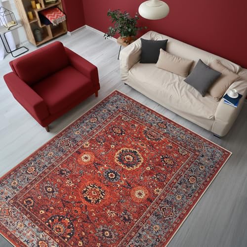 Vintage Washable Entryway Rug 3x5 ft Red & Turquoise - Non-Slip, Low Pile