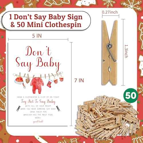 Don't Say Baby Game, Christmas Baby Shower Game,Winter Baby Shower, 50 Wooden Clothespins and One Sign, Christmas Baby Shower Decorations, Christmas Gender Reveal-DSBB07