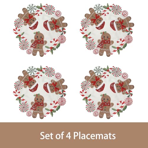 Gingerbread Placemats Set of 4 15in Round Embroidered Christmas Runners - Tenerdy