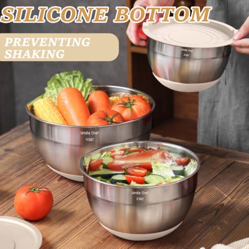 Umite Chef Khaki Stainless Steel Mixing Bowls Set with Airtight Lids & Graters – 26pcs, Non-Slip Bottoms, 7QT to 1QT Sizes