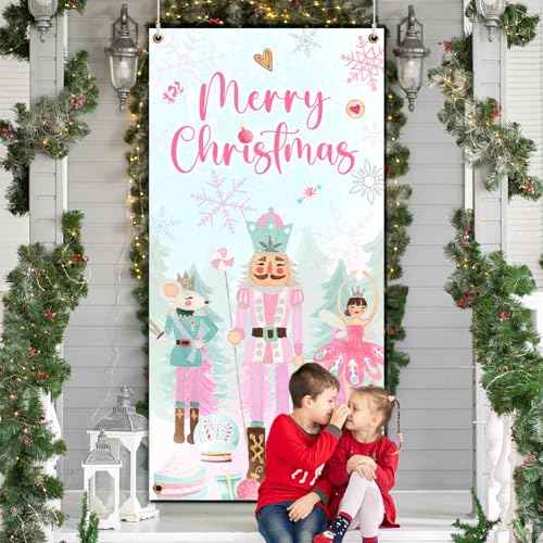 Pink Nut-cracker Christmas Door Cover Decoration, Merry Christmas Supplies, Nut-cracker Door Hanging Backdrop for 2023 Winter Xmas Decoration