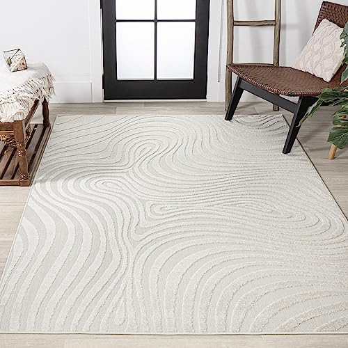 Cream/Ivory High-Low Abstract Striped Indoor Outdoor Area Rug 5'3"x7'7"