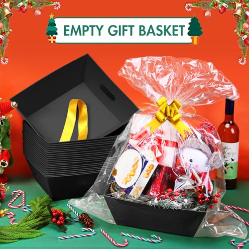 Black Gift Basket Set with Bows & Bags - 10 Pack, 12x10 Inches, Kraft Paper