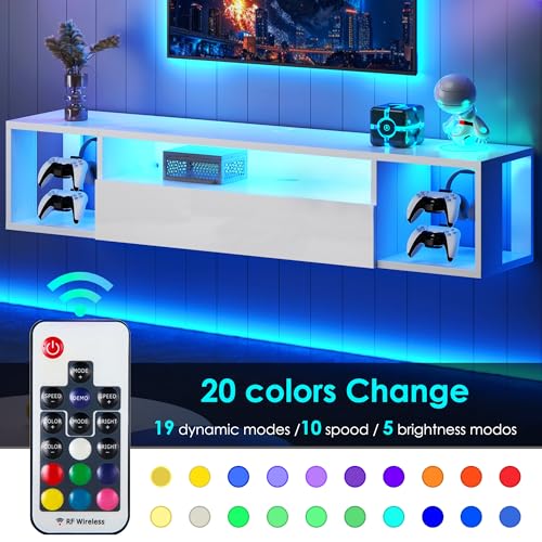 DlandHome 55.1" White Floating TV Stand with LED, Modern Wooden Entertainment Center