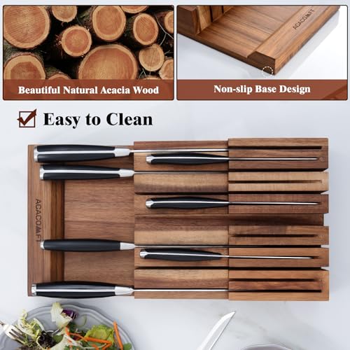 In-Drawer Knife Block Organizer without Knives, Acacia Wood, Fits Most Drawers