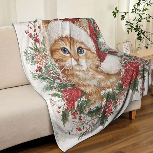 IBTKQSM Christmas Cat Throw Blanket 40×50 in – Soft Flannel Gift for Cat Lovers