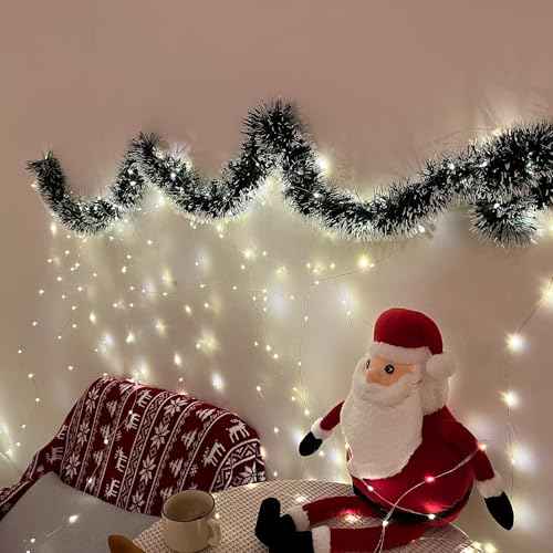 33FT Christmas Tinsel Garland Green and White Metallic Tinsel Twist Garland Shiny Hanging Decoration for Xmas Tree Decoration Wedding Party Supplies£¨Dark Green£©