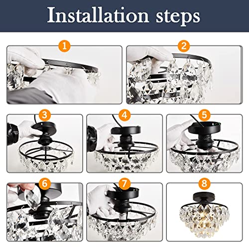 Small Black Crystal Ceiling Light Fixture Semi Flush Mount for Hallway Bedroom Bathroom - Variation: Black / Small Crystal
