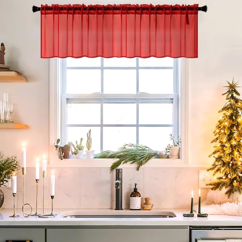 MIULEE Christmas Half Window Sheer Curtain Valance, Extra Wide Rod Pocket Voile Drape for Kitchen Cafe Bathroom Small Window One Panel 60 x 18 Inch Haute Red