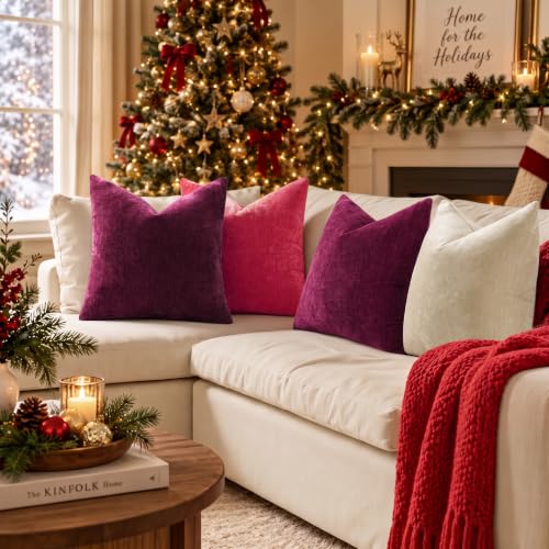 DecorUhome Christmas Red Throw Pillow Covers 16x16 Inches Set of 2 - Soft Chenille Home Decor