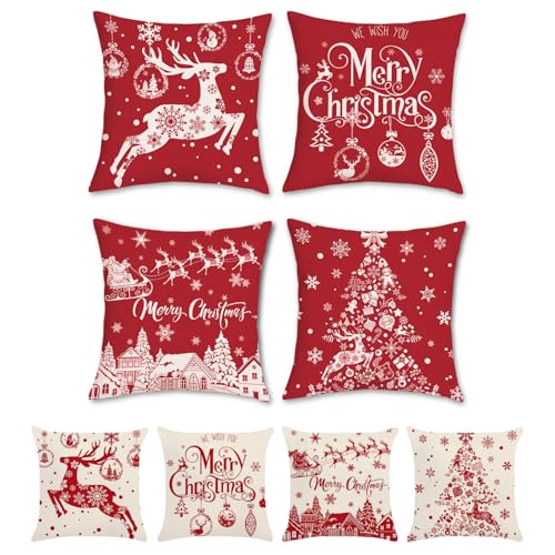 Bonhause Red Christmas 18x18 Inch Pillow Covers Set of 4 – Reindeer & Snowflake Holiday Cushion Covers (Hidden Zipper)