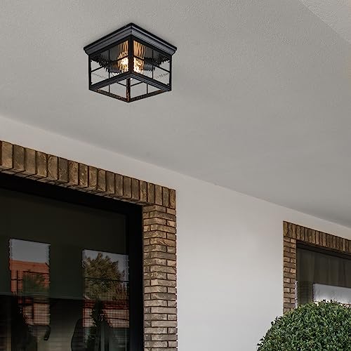 Outdoor Flush Mount Ceiling Light Fixture - Black Water Glass Weatherproof