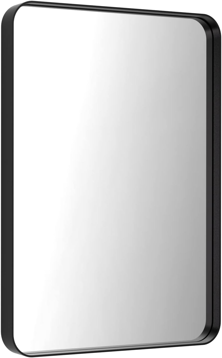 LOAAO Black Metal Framed Bathroom Mirror - 22x30 Inch Rounded Rectangle | Anti-Rust, Versatile Hanging Options