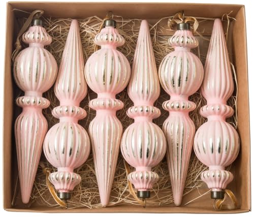 Munansli Pink Vintage Finial Christmas Ornaments, 6Pcs - Shatterproof 5.71in Pink Gold