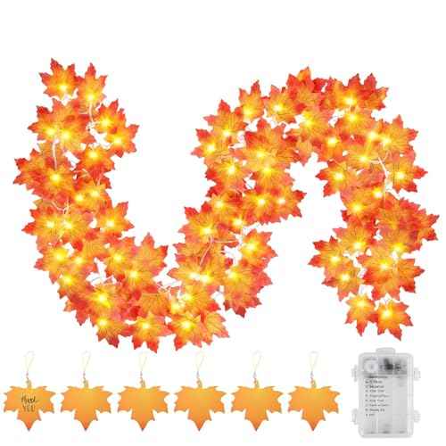 50 LED 16.4Ft Thanksgiving Decorations Fall Garland String Lights with Timer, Lighted Autumn Leaves Garlands Decor, Fall Lights for Home Decoration Party Indoor Mantle