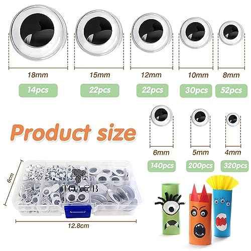 TOAOB 800pcs Wiggle Googly Eyes with Self-Adhesive Round 4mm to 18mm Plastic Black Craft Sticker Eyes for DIY Crafts Scrapbooking Decoration