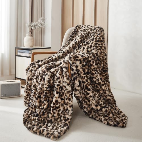Leopard Print Faux Rabbit Fur Throw Blanket - Medium 50x60 Inches