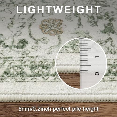 Medallion Sage Washable 5x7 Area Rug - Vintage Tribal Non-Slip Living Room Carpet