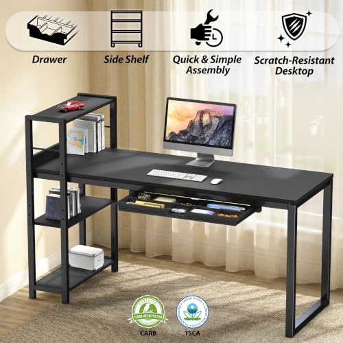 46-Inch Home Office Computer Desk with Drawer & Side Shelf, Black