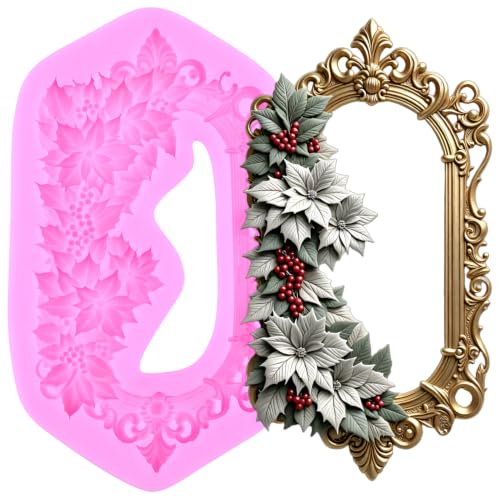 YIHUOMOLDS Christmas Vintage Frame Poinsettia Fondant Silicone Mold - Style P