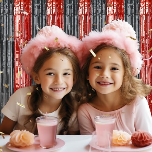 2 Pack Foil Fringe Backdrop - Red&Black Shiny Tinsel Curtains for Party Decoration/Photo Booth Props - 3.3x6.6 FT Metallic Foil Backdrop for Birthday, Wedding, Graduation, Christmas.