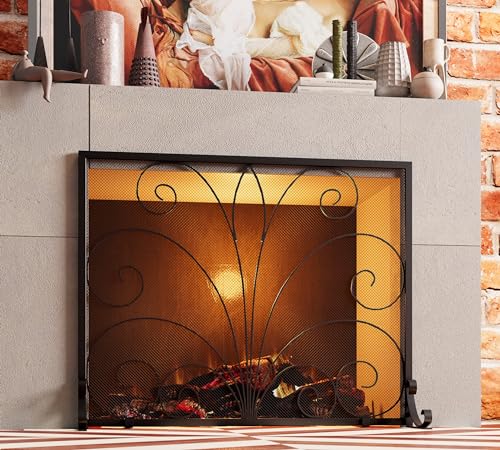 Fire Beauty Wrought Iron Fireplace Screen 37.8"L x 30.7"H Single Panel Spark Guard for Indoor Fireplace