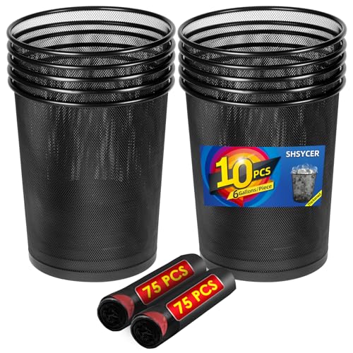 Black Mesh Office Trash Can 6 Gal - 10 Pack with Garbage Bags - Durable Wire Wastebaskets for Desk Side
