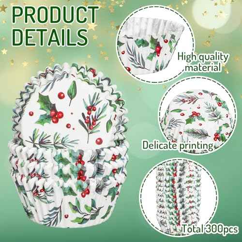 Whaline 300Pcs Christmas Cupcake Liners Holly Print Baking Cups Holders Watercolor Holly Jolly Cupcake Wrappers Red Green Berry Muffin Liners for Xmas Holiday Birthday Party Supplies