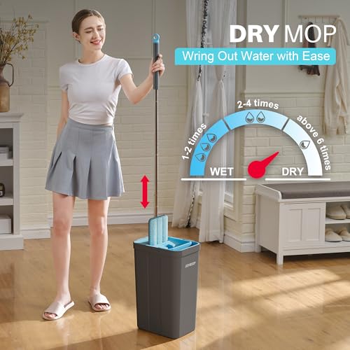 JOYMOOP Mop and Bucket Set with 60-Inch Extensible Handle and 4 Microfiber Pads - Grey & Cyan Blue