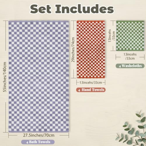 Checkered Cotton Towel Set - 12 Pieces with 4 Colors, Bathroom & Spa Decor
