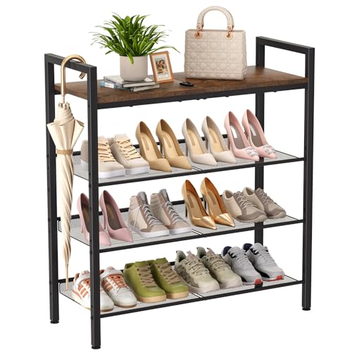 Brown 4-Tier Shoe Rack for Entryway | Durable Metal & Wood Storage