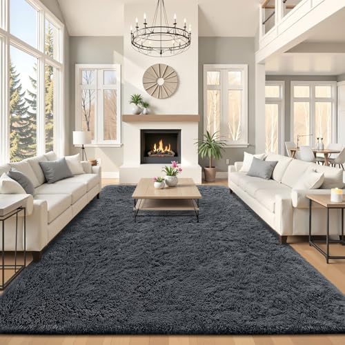8x10 Ft Large Machine Washable Area Rug for Living Room & Bedroom - Grey, Soft Shaggy Floor Carpet