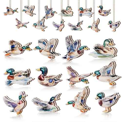 24 PCS Mallard Duck Theme Hanging Ornaments Wooden, Duck Hunting Wood Cutouts Hanging Pendant Home Ceiling Decor, Lucky Duck Birthday Baby Shower Party Christmas Tree Decorations