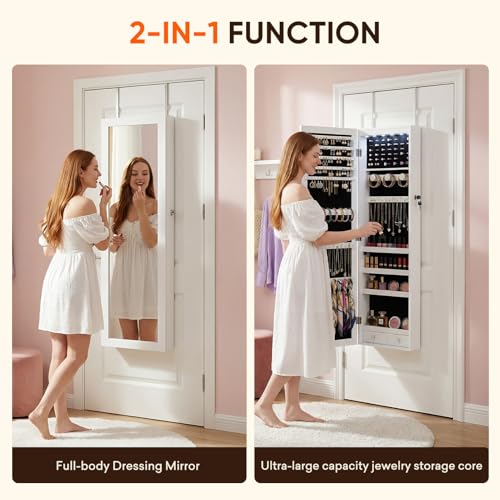 Full-Length Wall-Mounted Jewelry Cabinet with Lock & LED Lights - White, 50"