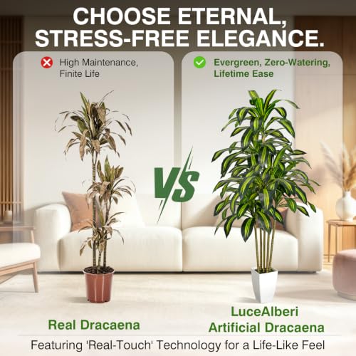 Artificial Dracaena Tree 5FT Tall with White Planter & Woven Basket - Fake Indoor Plant