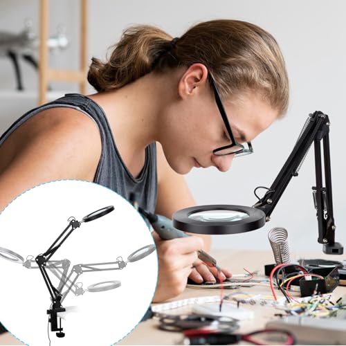 20-Inch Stand and Clamp LED Magnifying Desk Lamp with Real Glass Lens, Adjustable Light