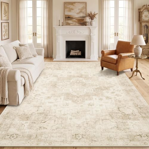 8x10 Beige Vintage Boho Area Rug - Washable Non-Slip Living Room Carpet