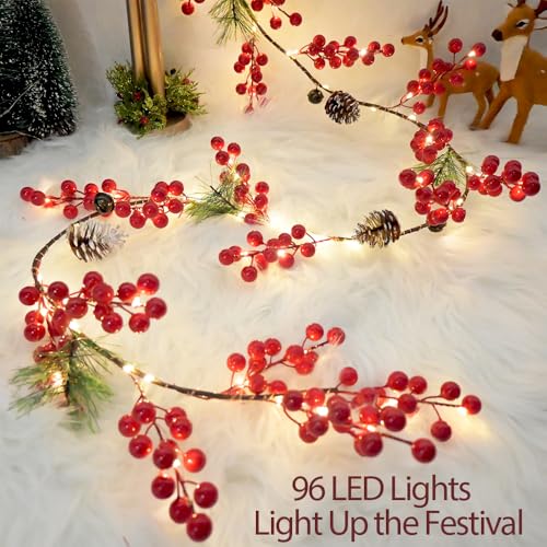 HamiFinee Red Christmas Berry Garland with Lights 6.56FT Indoor Outdoor Decor