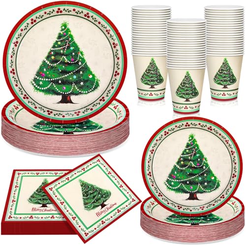 Retro Christmas Party Supplies Set for 50 Guests - Paper Plates, Napkins & Cups