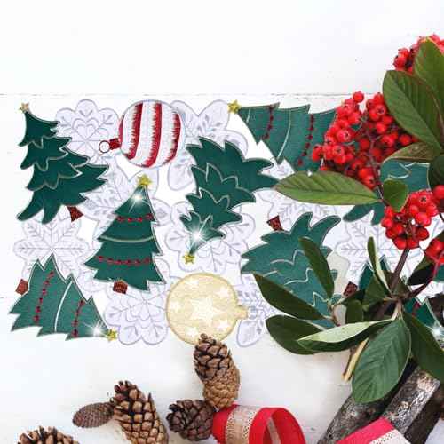 Christmas Tree Table Runner Christmas Ball 72 inches Long Green White Snowflake Embroidered Xmas Decoration Festive Holiday Cutwork Dining Table 70IN