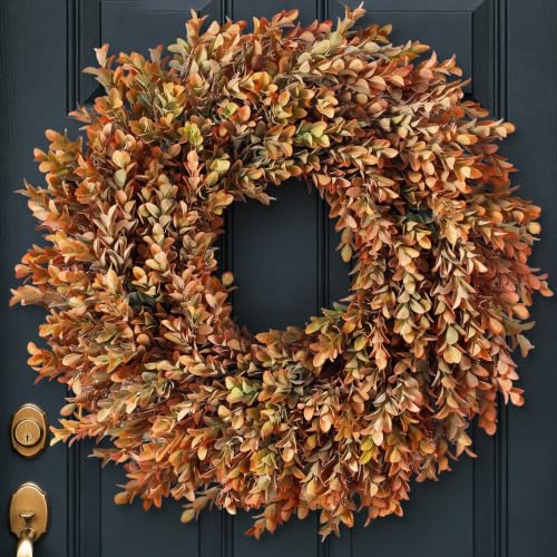 26 Inch Artificial Fall Azalea Leaves Wreath for Front Door Decor Orange Green