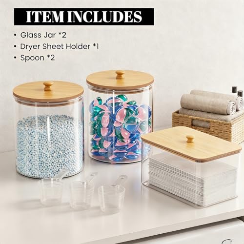 HomePekite Bamboo & Glass Laundry Pods & Dryer Sheet Storage Set - 2+1 Pack