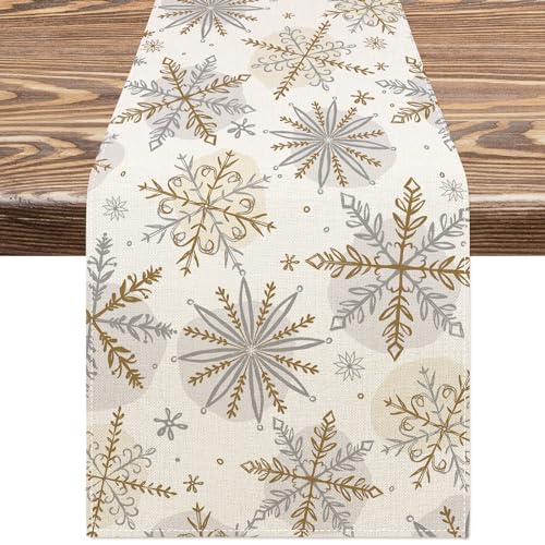Christmas Winter Table Runner - Gold Silver Snowflake Decor 13x72 Inch