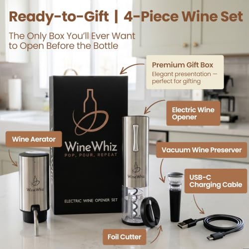 WineWhiz Electric Wine Opener & Aerator Set - Rechargeable Corkscrew & Dispenser