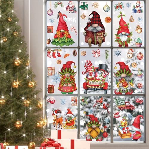 Christmas Gnome Window Clings Decals - Holiday Stickers for Home & Office - Xmas Decorations