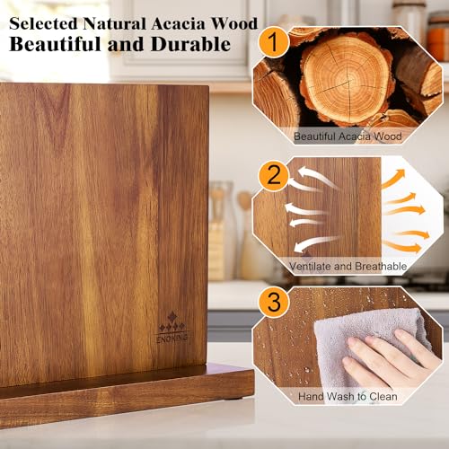 Large Magnetic Knife Block - 15x9 Inches Acacia Wood Knife Holder with Double-Sided Magnet