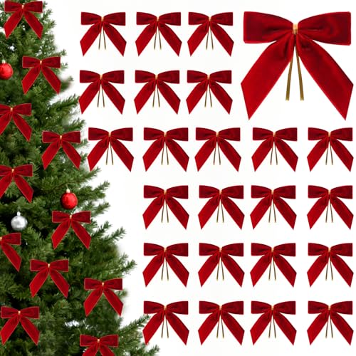 24 Pcs Red Small Velvet Bows for Christmas Tree, 3.54 Inch Mini Christmas Bows for Gift Wrapping, Twist Tie Velvet Bows Xmas Ornaments for Wreath, Crafts, Party, Wedding