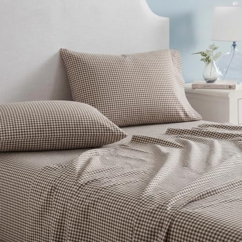 Martha Stewart King Gingham Brown Cotton Percale Bed Sheet Set with Deep Pocket Fitted Sheet