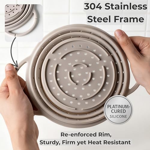 Collapsible Silicone Colander Set with Stainless Steel Rim 3 Pack - Space Saving Kitchen Strainers
